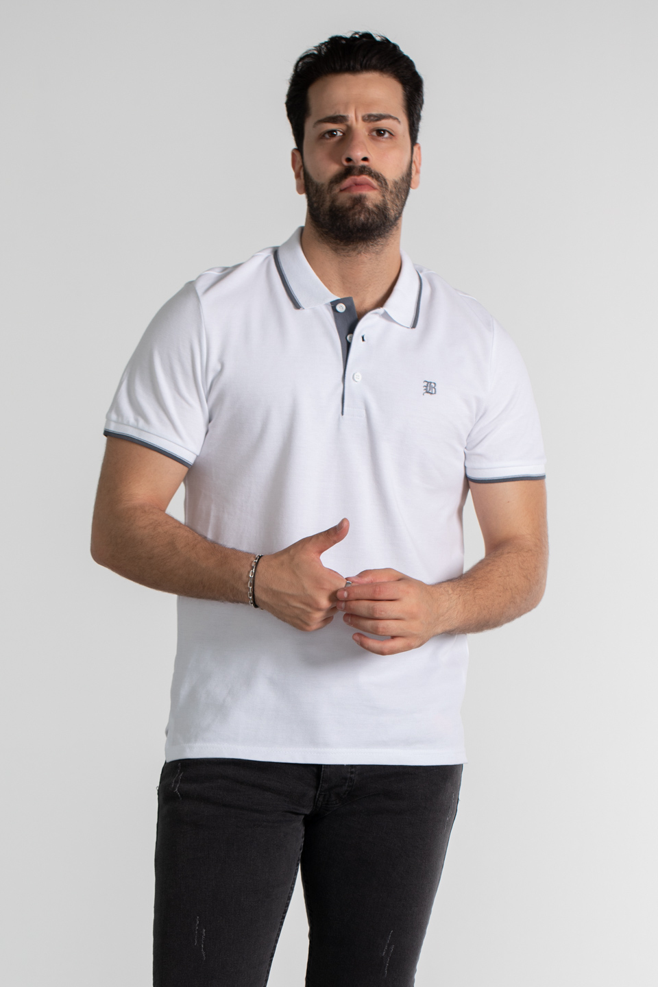Yaka ve kol çizgili pike t-shırt-2118 Beyaz