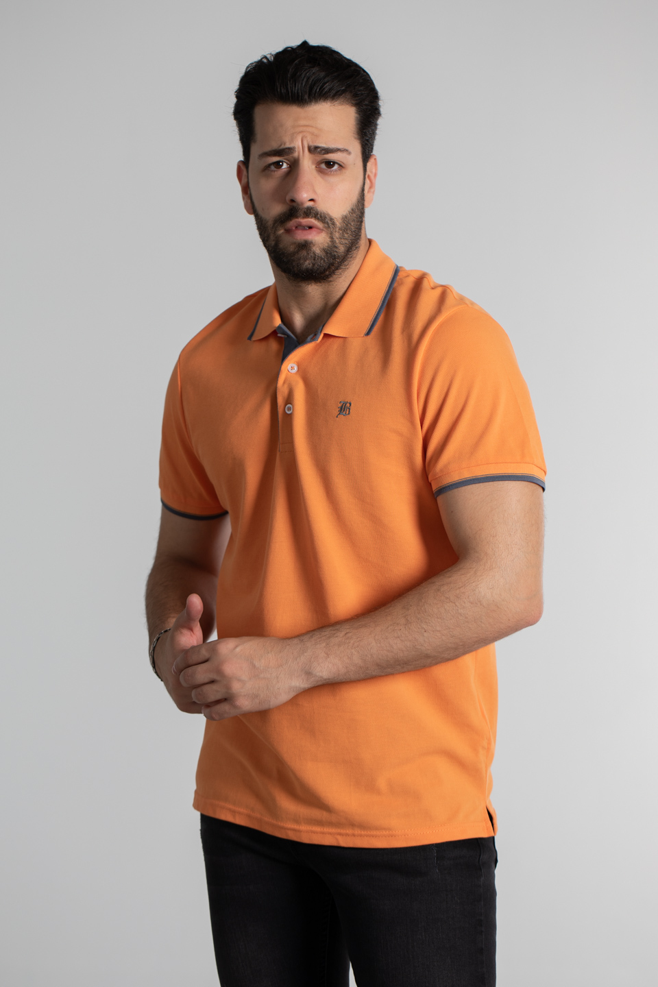 Yaka ve kol çizgili pike t-shırt-2118 Oranj