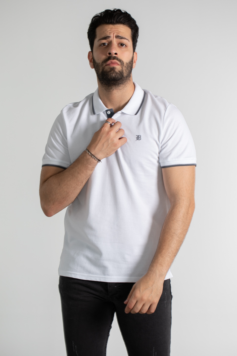 Yaka ve kol çizgili pike t-shırt-2118 Beyaz