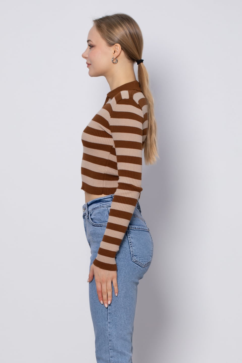 Yakalı Çizgili Triko Kazak - Kahve/Taş