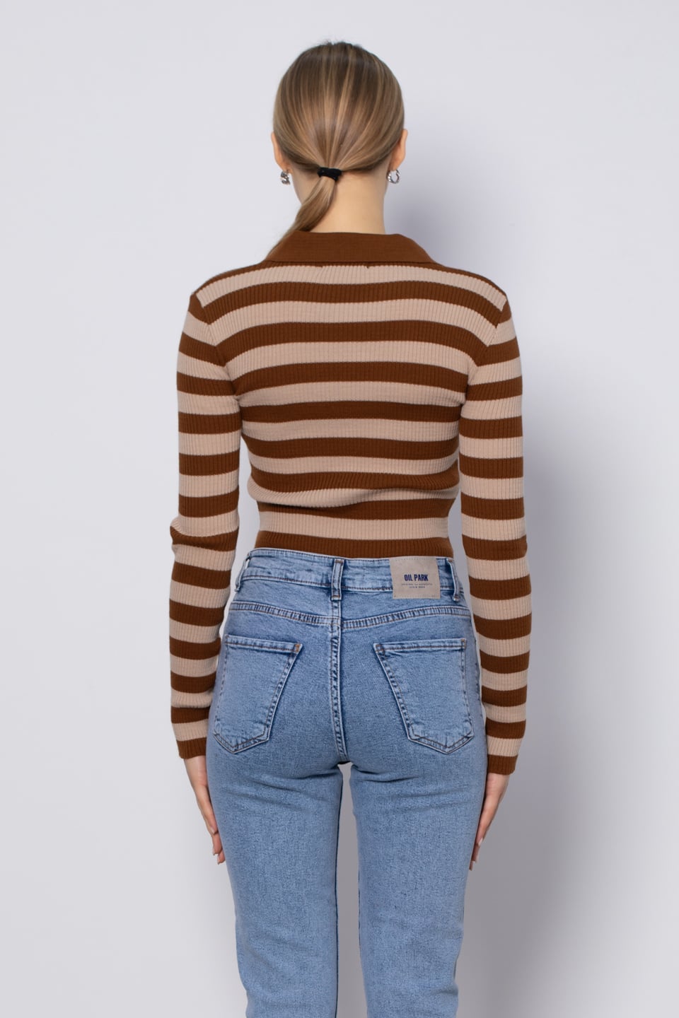 Yakalı Çizgili Triko Kazak - Kahve/Taş