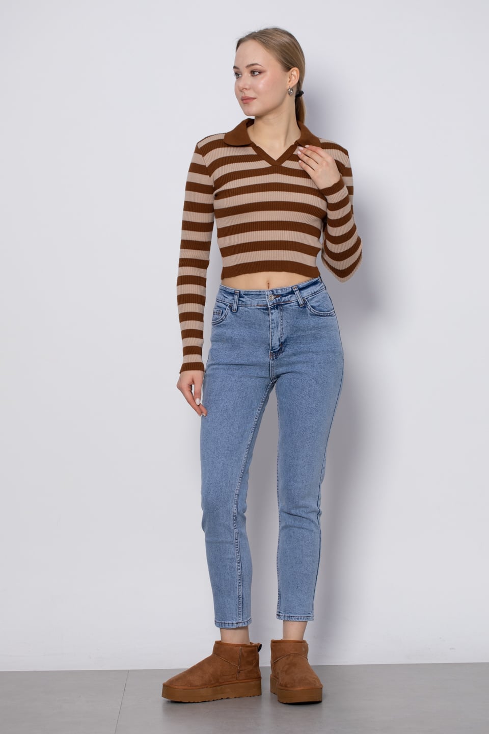 Yakalı Çizgili Triko Kazak - Kahve/Taş