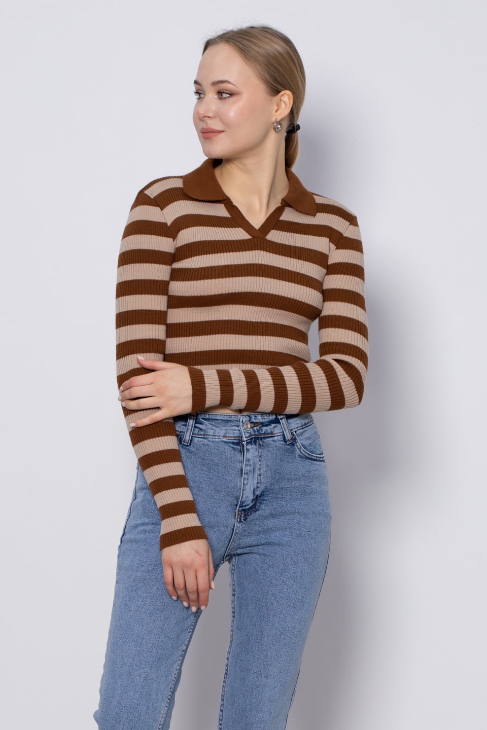 Yakalı Çizgili Triko Kazak - Kahve/Taş