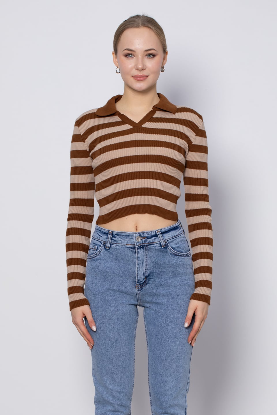 Yakalı Çizgili Triko Kazak - Kahve/Taş