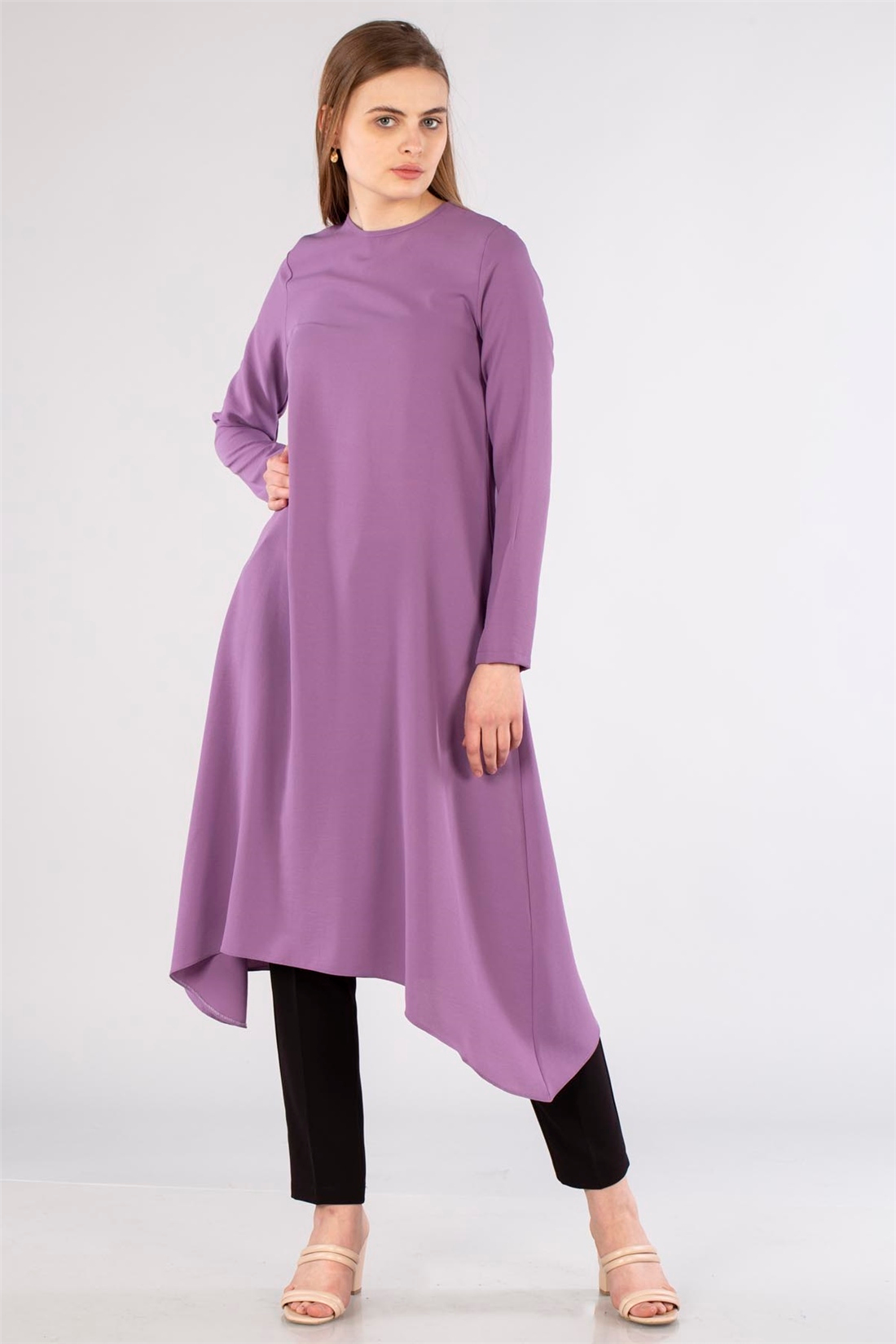 Yakası Biyeli Asimetrik Tunik-Lila