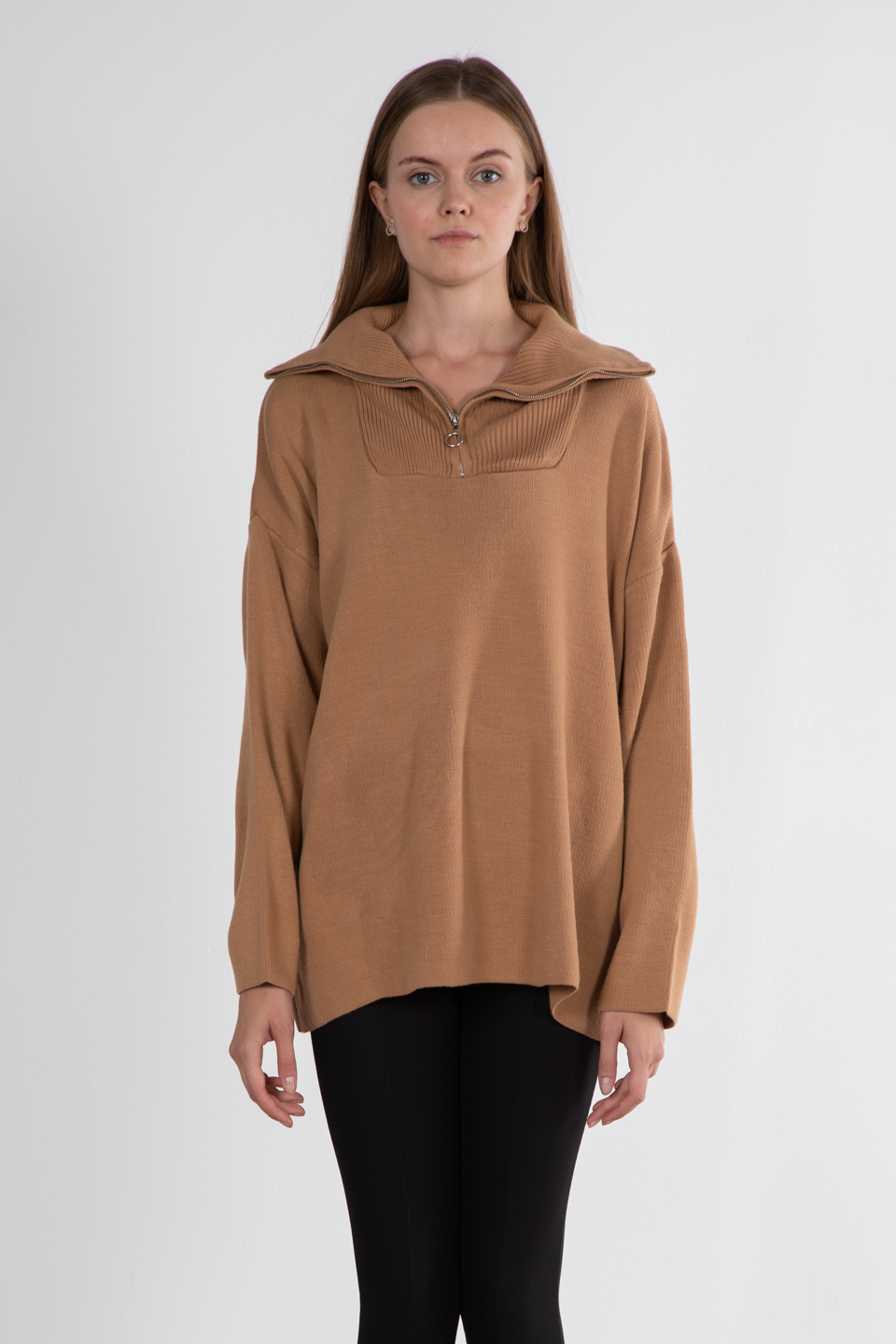 Yakası fermuar kazak-6461 Camel