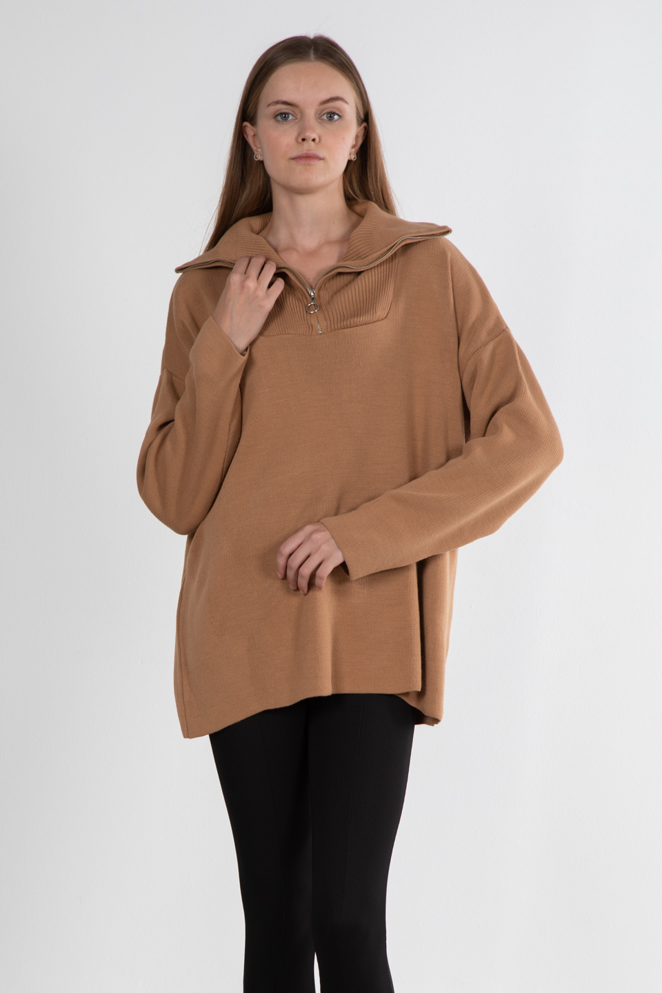 Yakası fermuar kazak-6461 Camel