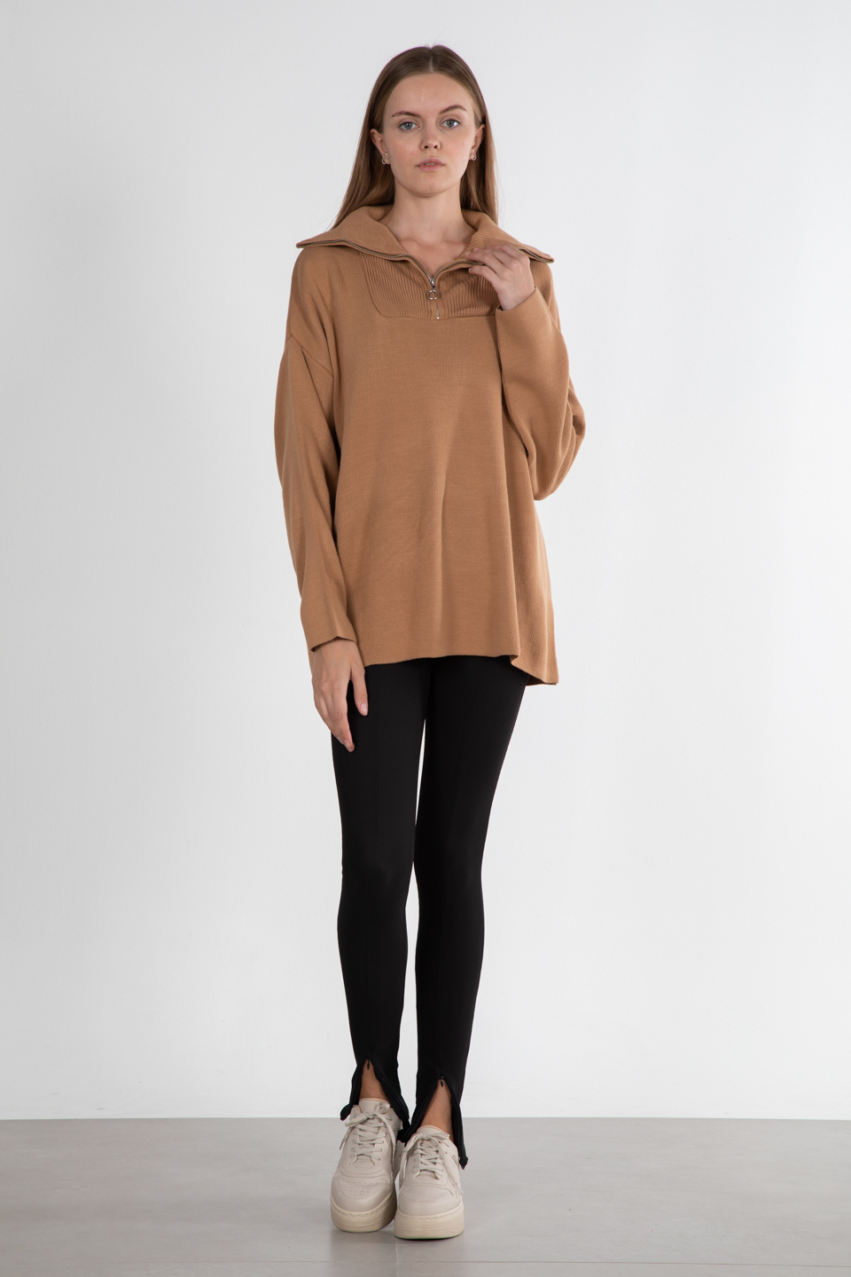 Yakası fermuar kazak-6461 Camel