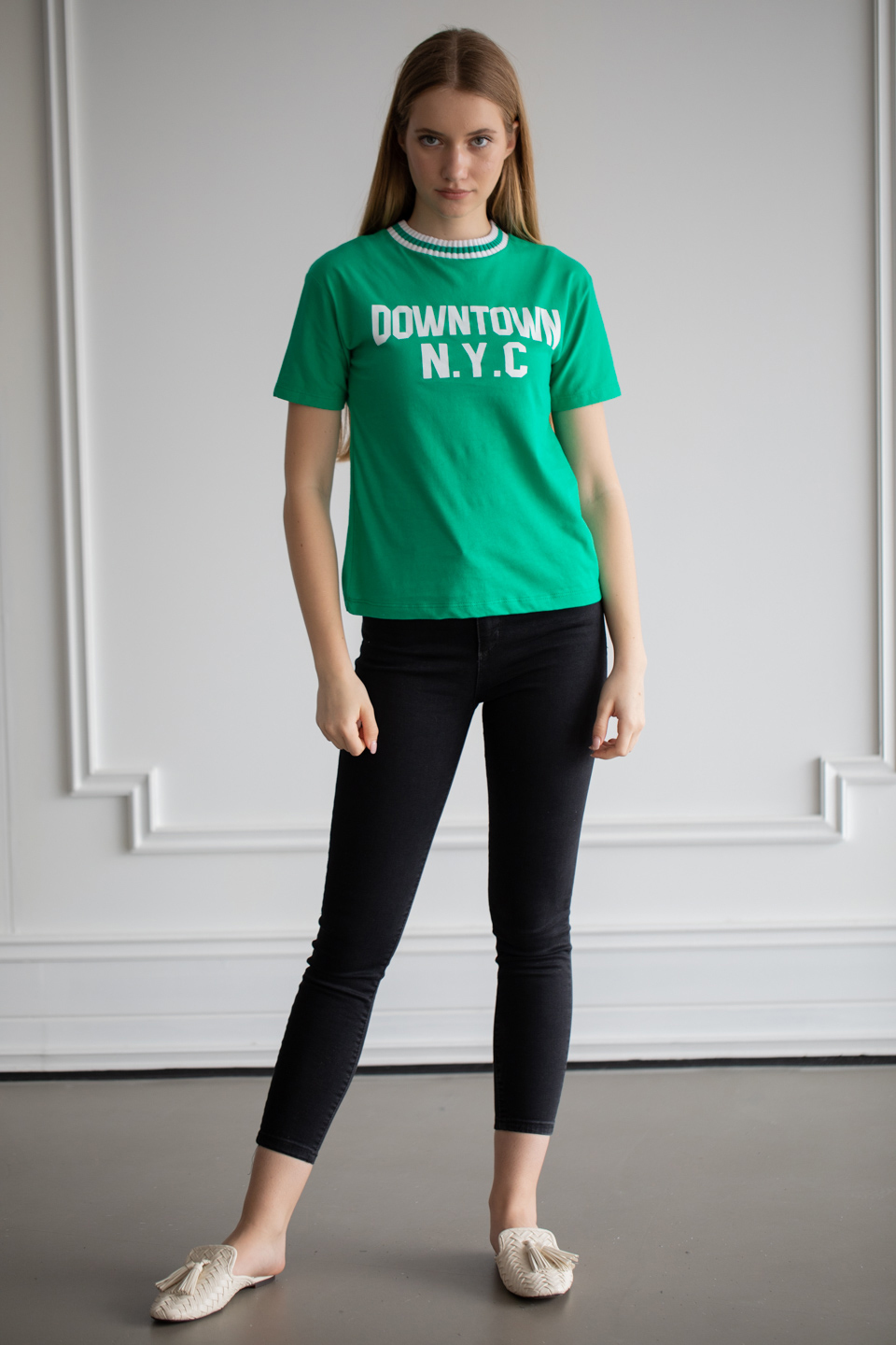 Yakası triko yazı baskılı t-shirt-6380 Benetton/Beyaz