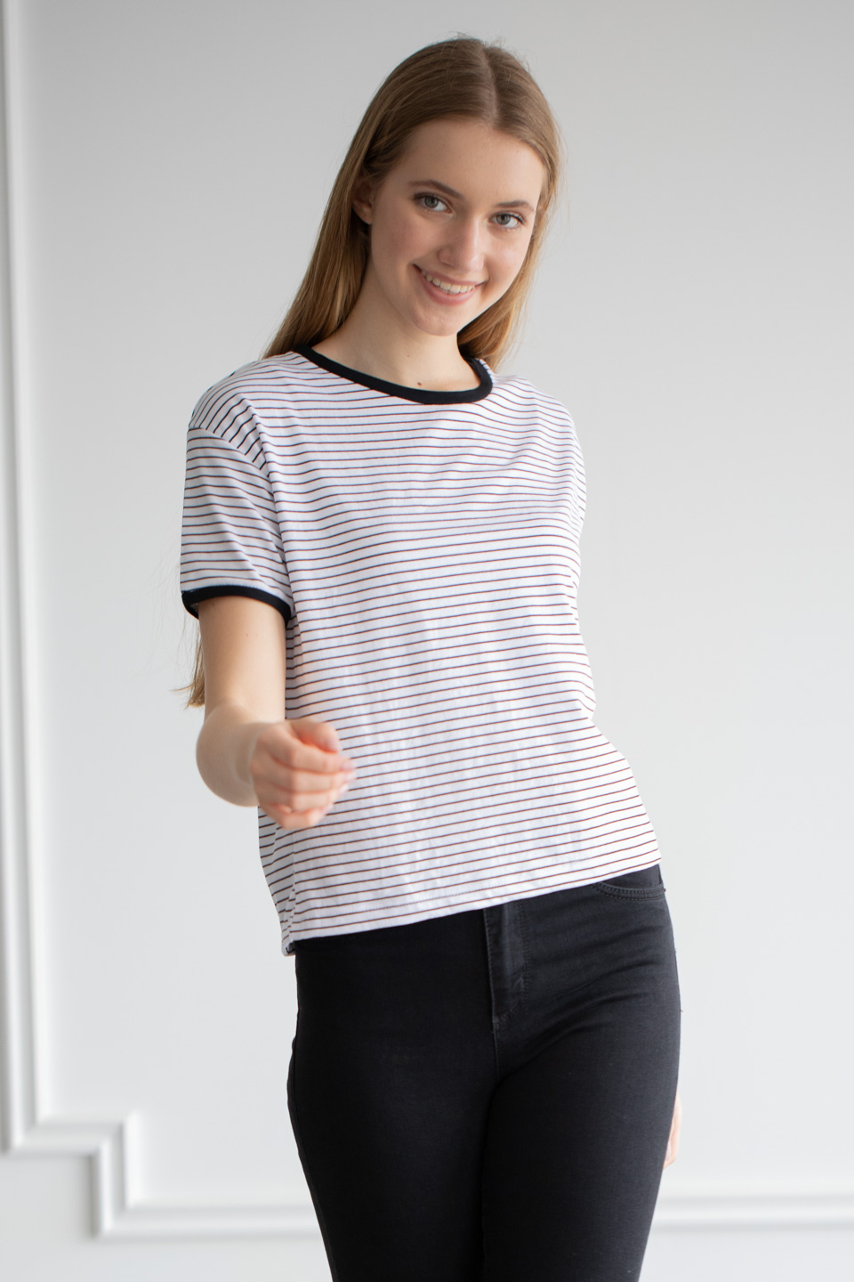 Yakası ve kol ribanası renkli çizgili t-shirt-6060 Beyaz/Siyah