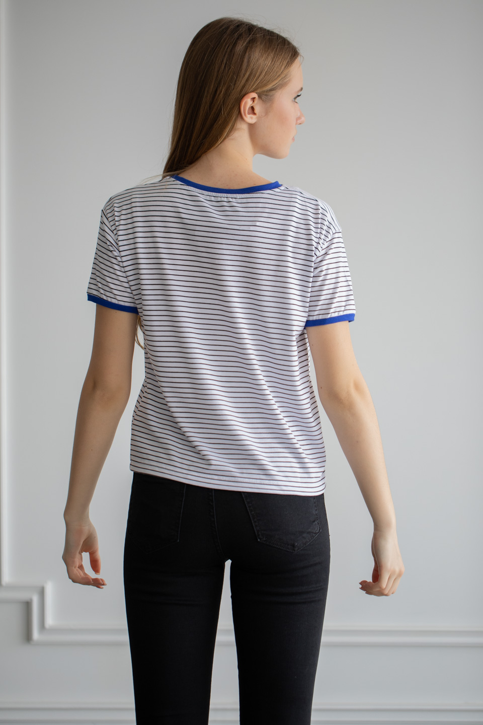 Yakası ve kol ribanası renkli çizgili t-shirt-6060 Saks/Beyaz