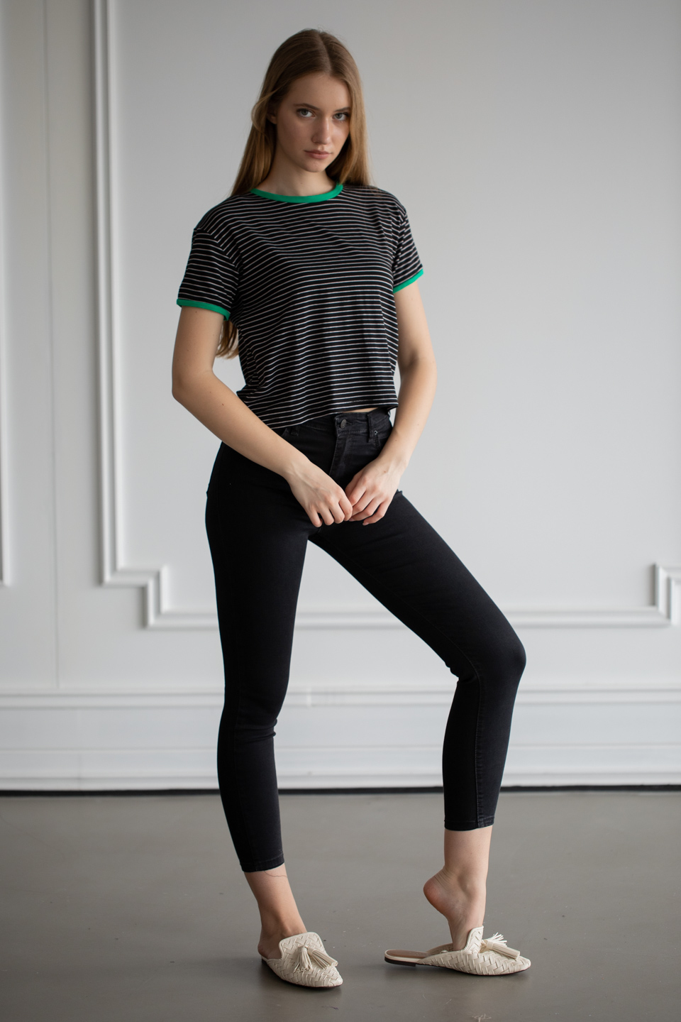 Yakası ve kol ribanası renkli çizgili t-shirt-6060 Siyah/Benetton