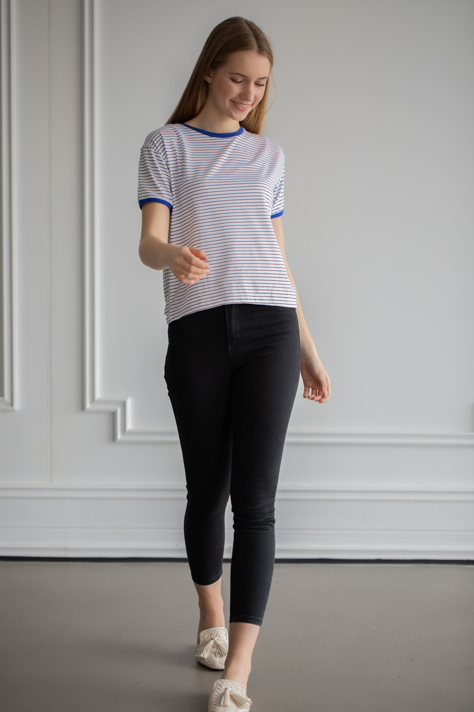 Yakası ve kol ribanası renkli çizgili t-shirt-6060 Saks/Beyaz