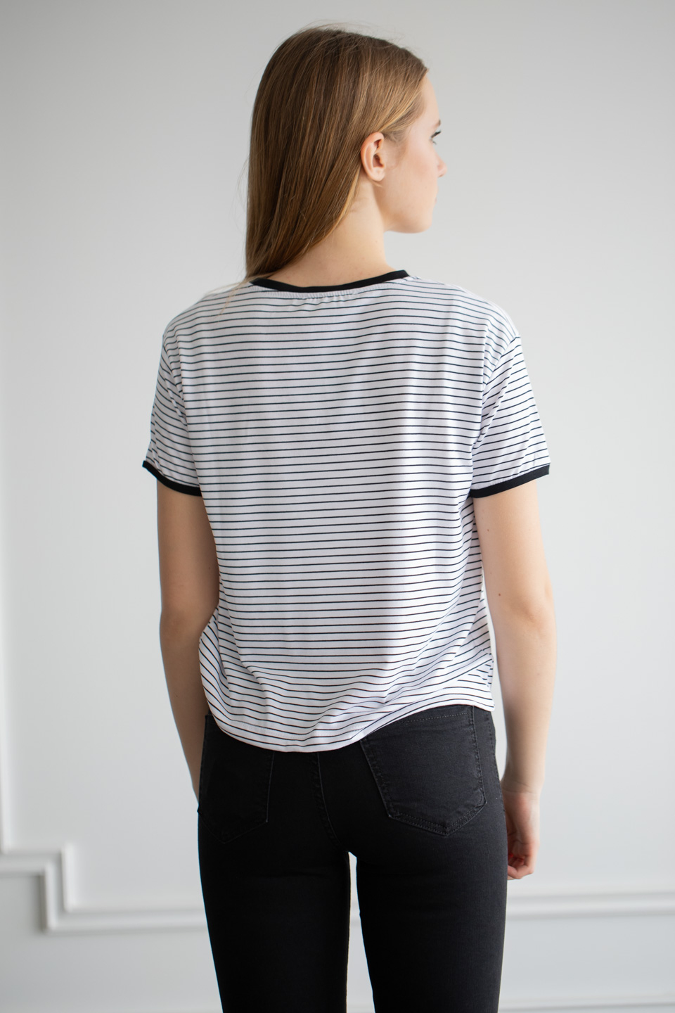 Yakası ve kol ribanası renkli çizgili t-shirt-6060 Beyaz/Siyah