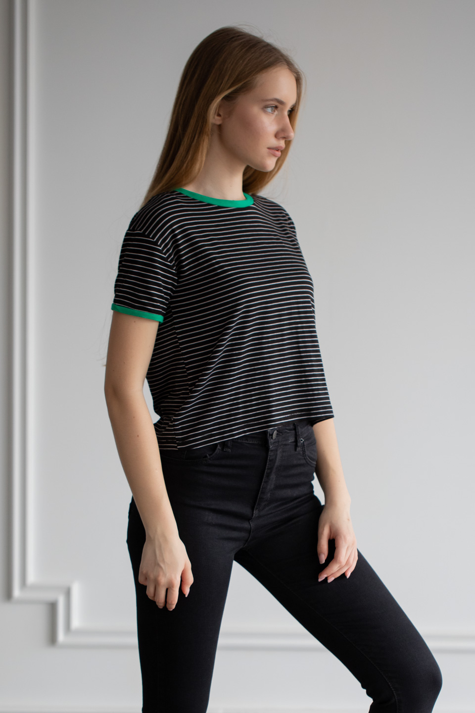 Yakası ve kol ribanası renkli çizgili t-shirt-6060 Siyah/Benetton