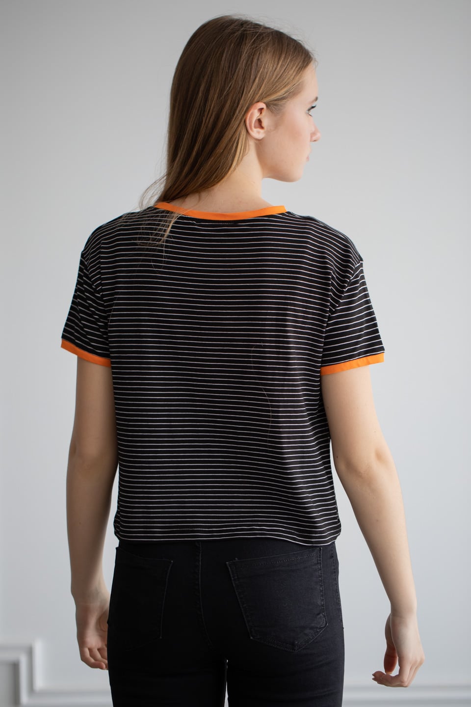 Yakası ve kol ribanası renkli çizgili t-shirt-6060 Oranj/Siyah