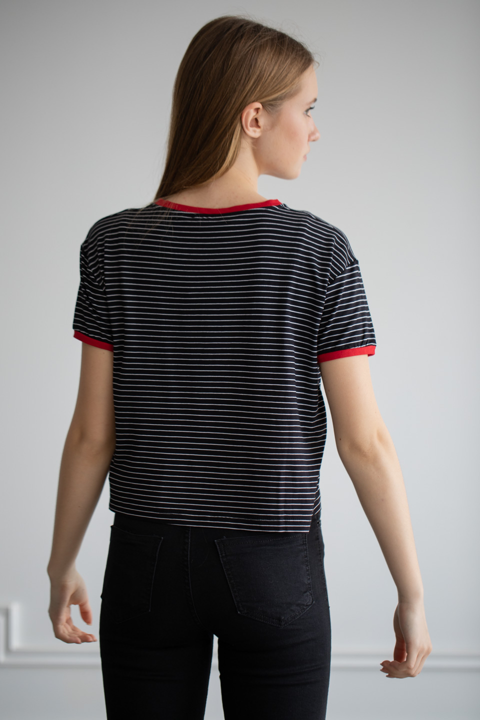 Yakası ve kol ribanası renkli çizgili t-shirt-6060 Kırmızı/Siyah