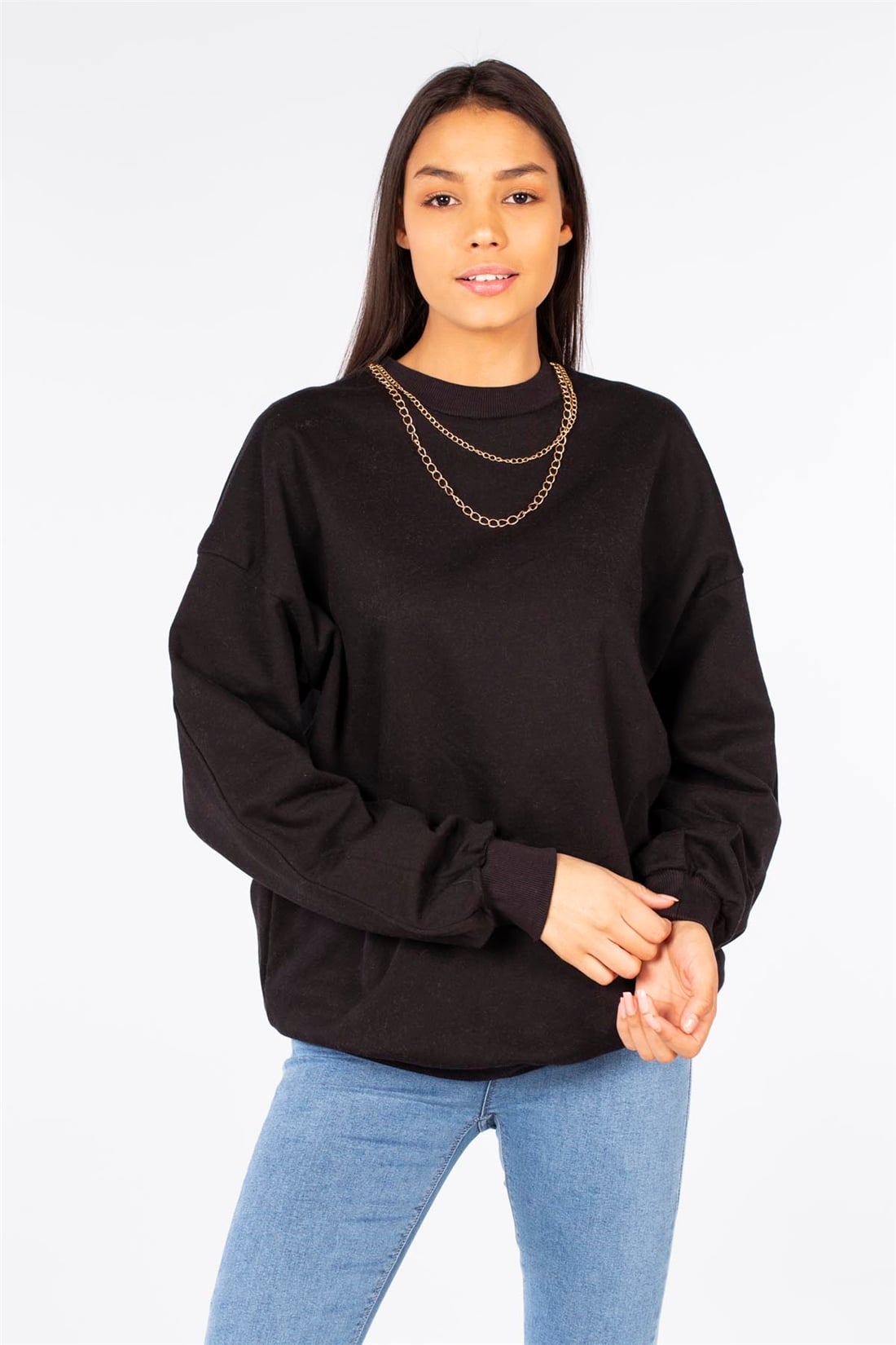 Yakası Zincirli Sweatshirt-Siyah