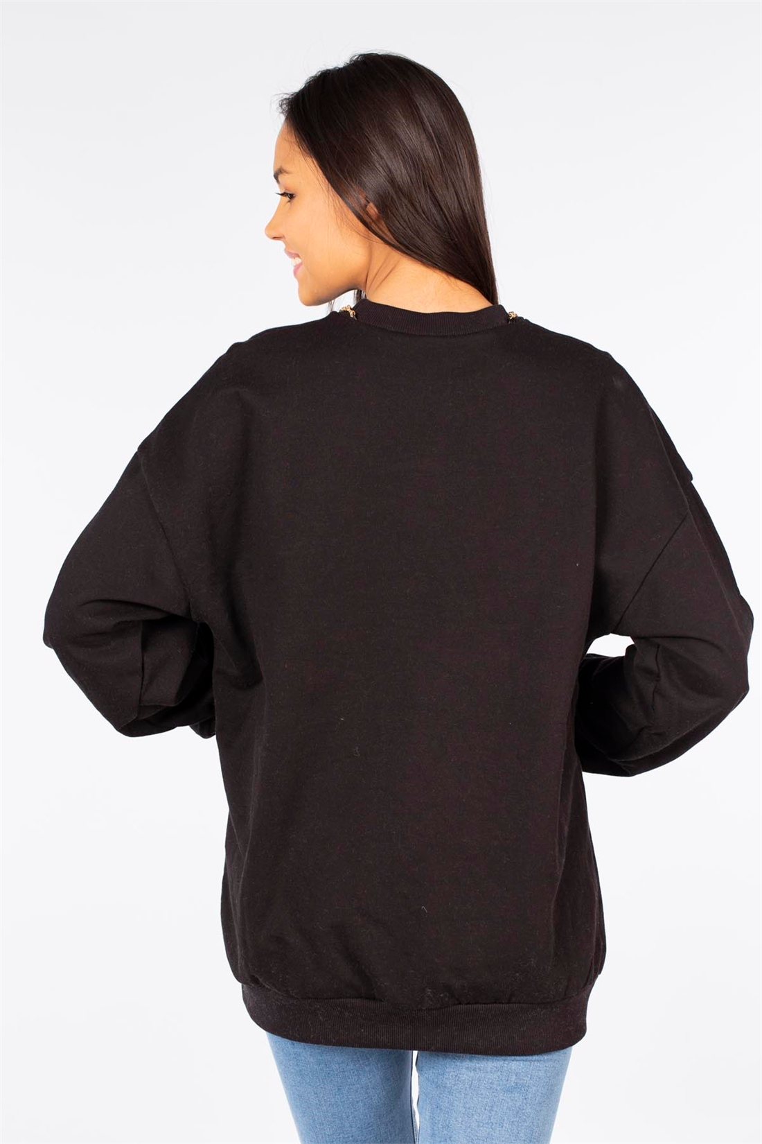 Yakası Zincirli Sweatshirt-Siyah