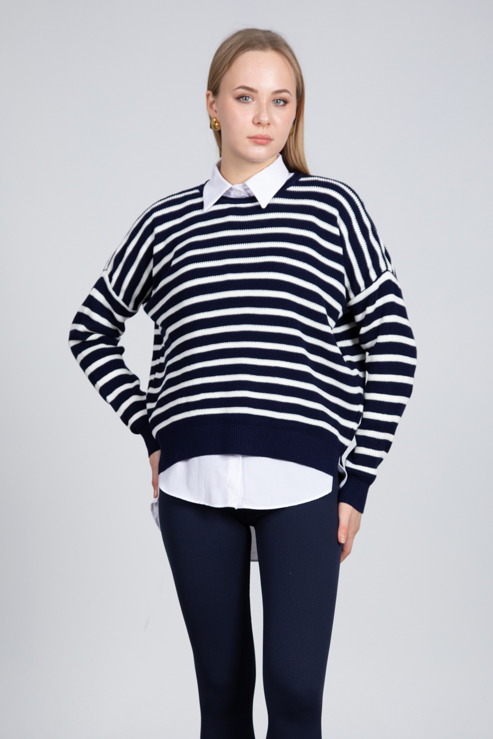 Yan çizgili kazak-6376 Lacivert/Beyaz