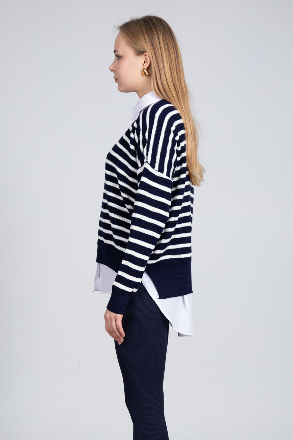 Yan çizgili kazak-6376 Lacivert/Beyaz