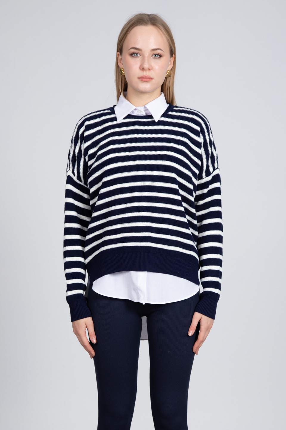 Yan çizgili kazak-6376 Lacivert/Beyaz