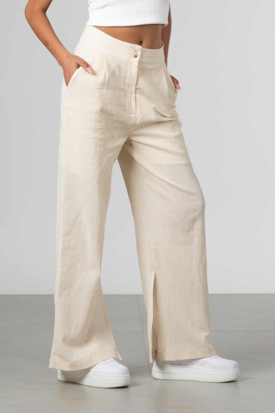 Yan yırtmaçlı içi astarlı pantolon-8047-1 Taş