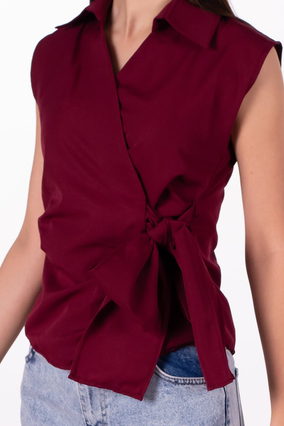 Yandan bağlamalı sıfır kol gömlek-4803 Bordo
