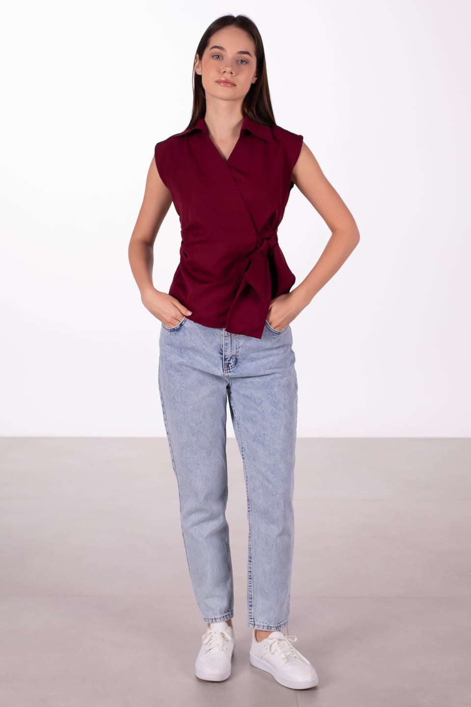 Yandan bağlamalı sıfır kol gömlek-4803 Bordo
