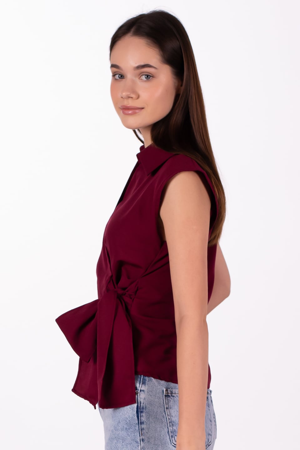 Yandan bağlamalı sıfır kol gömlek-4803 Bordo