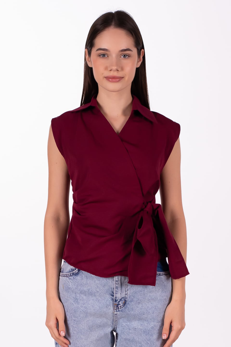 Yandan bağlamalı sıfır kol gömlek-4803 Bordo