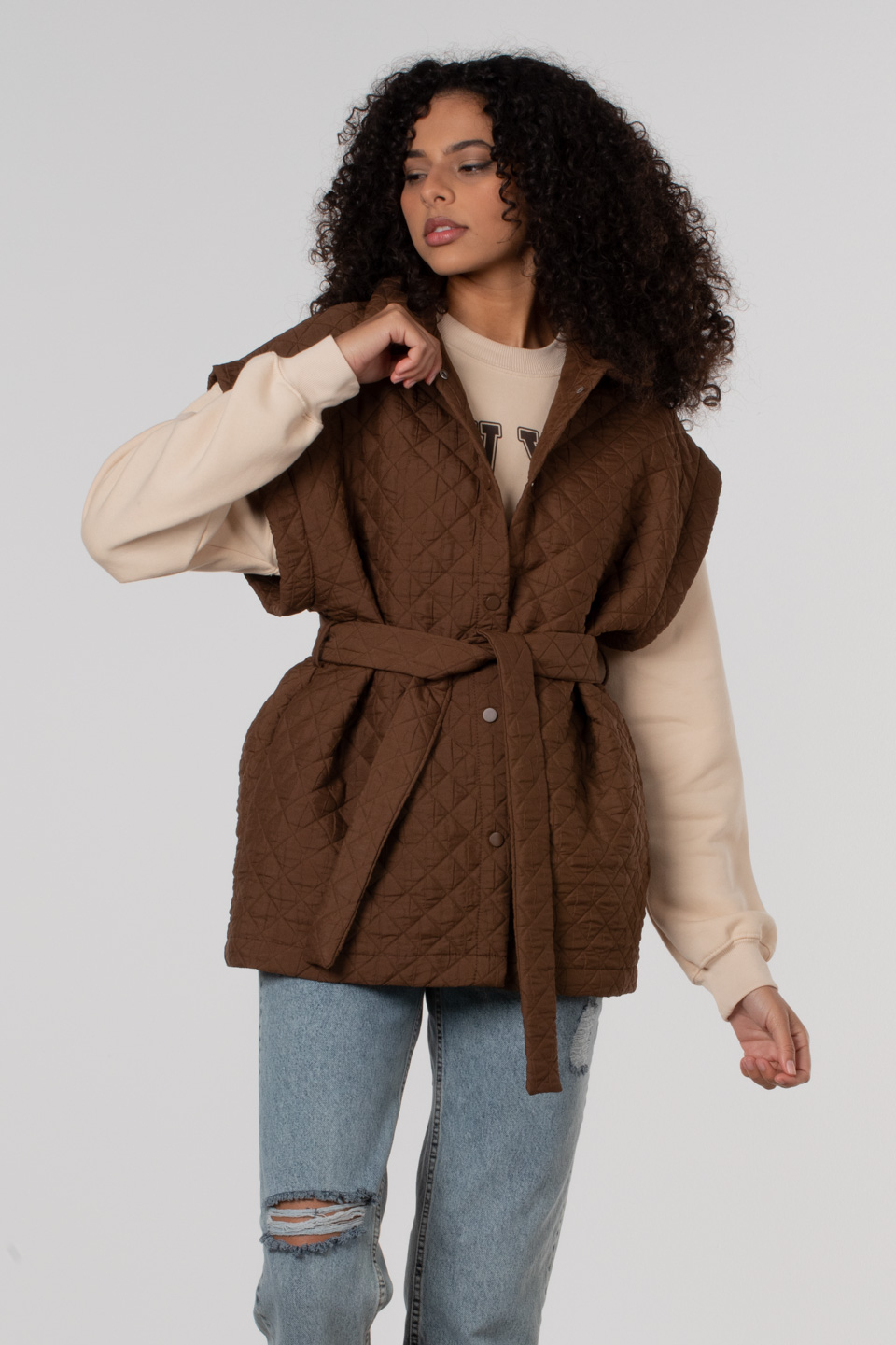 Yandan cepli çıtçıtlı kuşaklı yelek-70171 Kahve