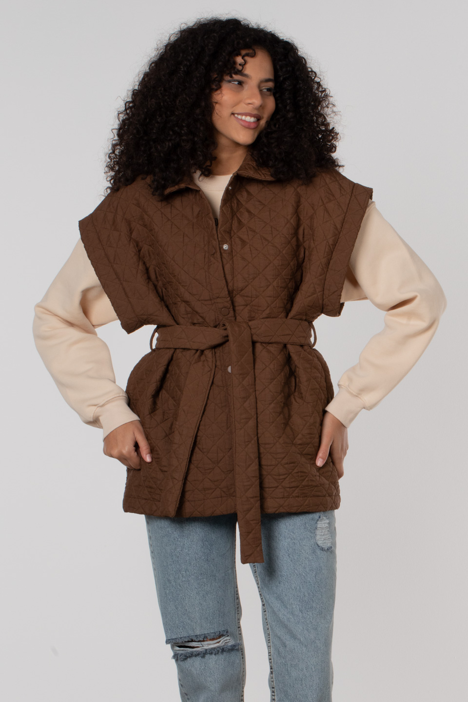 Yandan cepli çıtçıtlı kuşaklı yelek-70171 Kahve