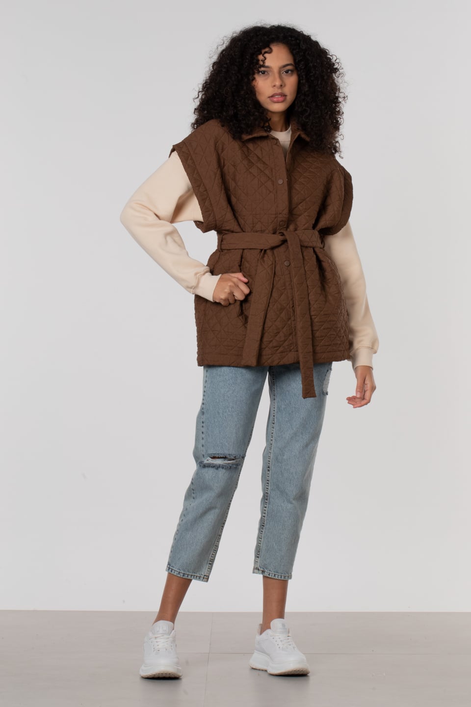 Yandan cepli çıtçıtlı kuşaklı yelek-70171 Kahve