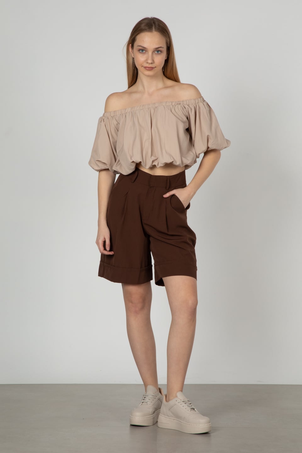 Yandan cepli şort-6383 Kahve