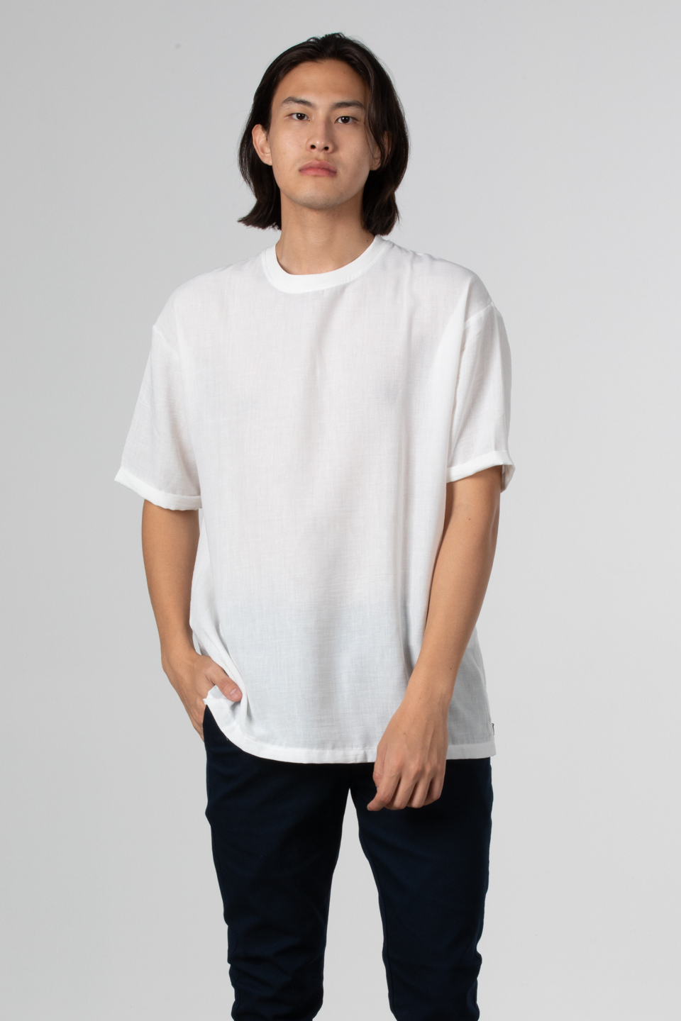 Yandan fermuarlı keten t-shirt-9043 Beyaz