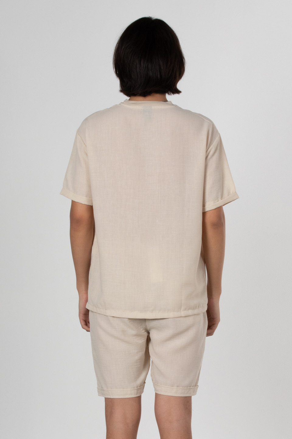 Yandan fermuarlı keten t-shirt-9043 Bej