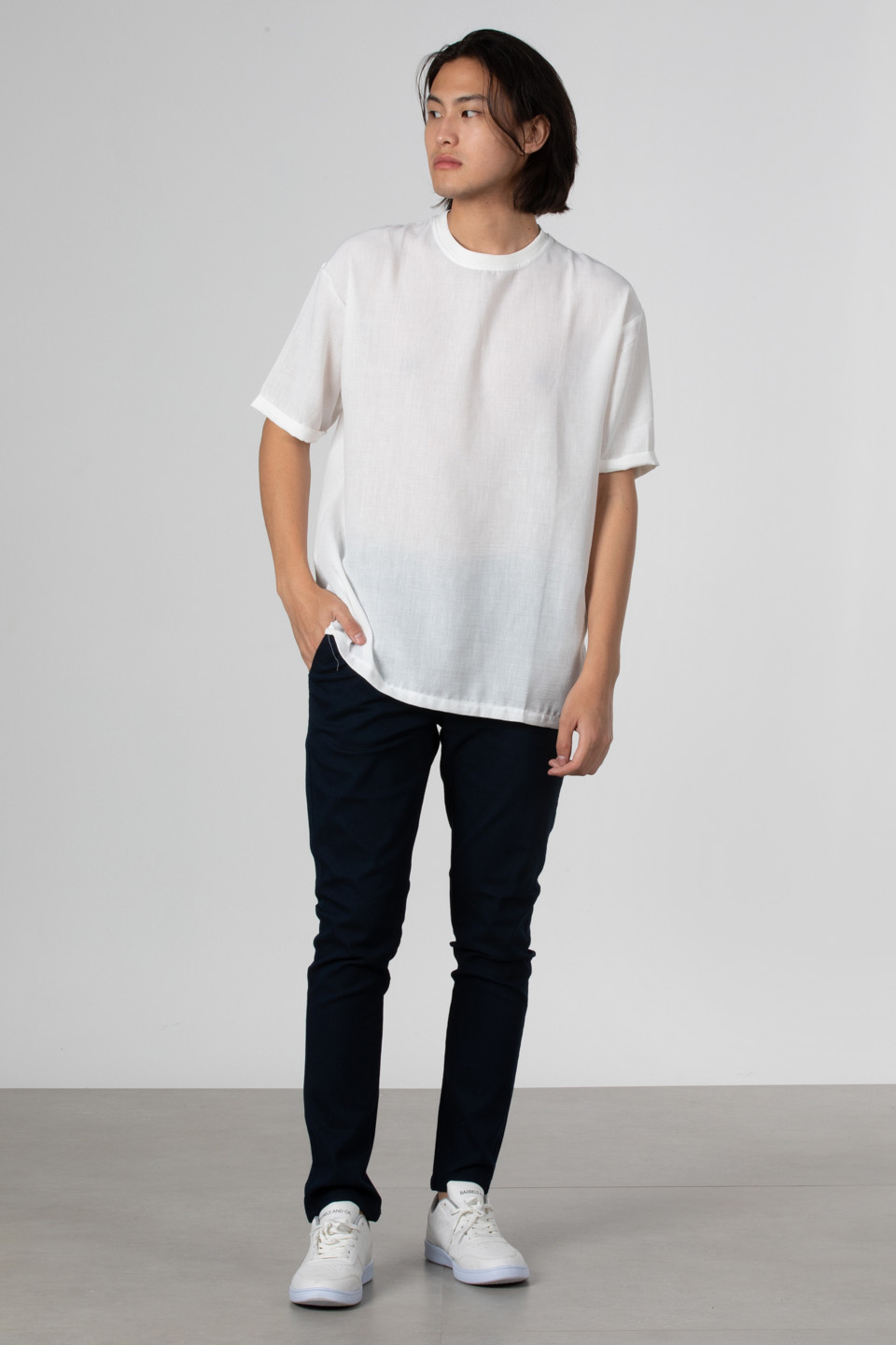 Yandan fermuarlı keten t-shirt-9043 Beyaz