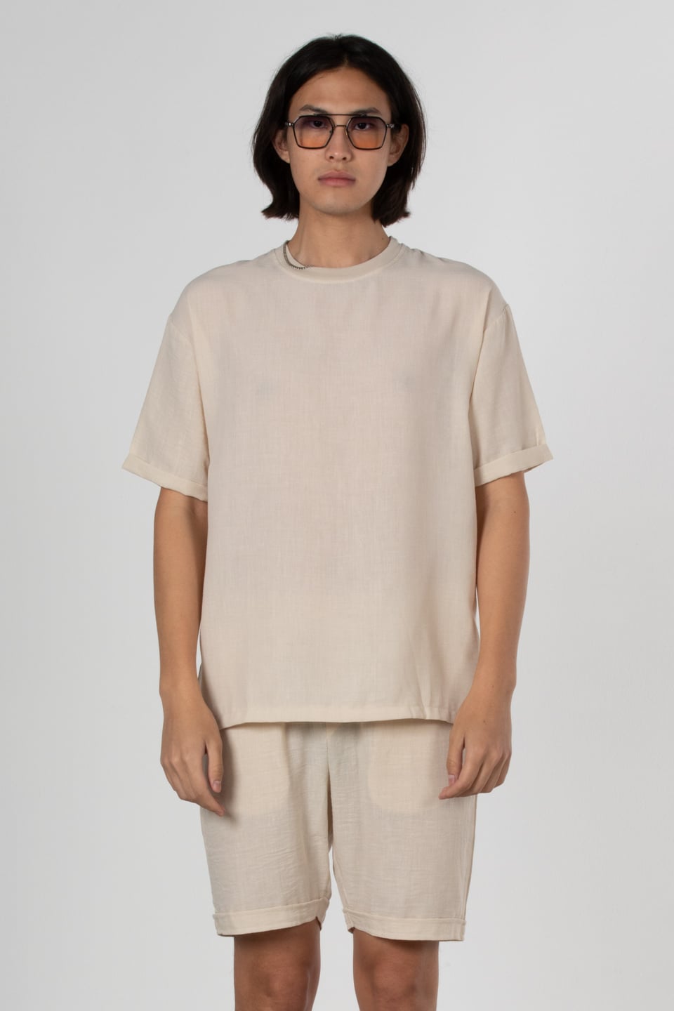Yandan fermuarlı keten t-shirt-9043 Bej