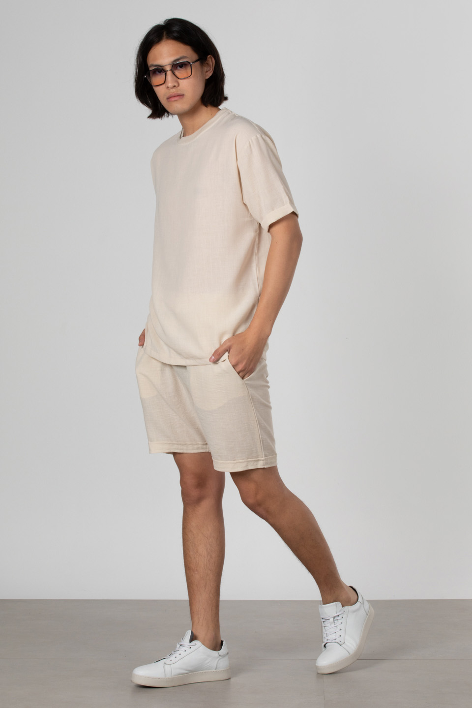 Yandan fermuarlı keten t-shirt-9043 Bej