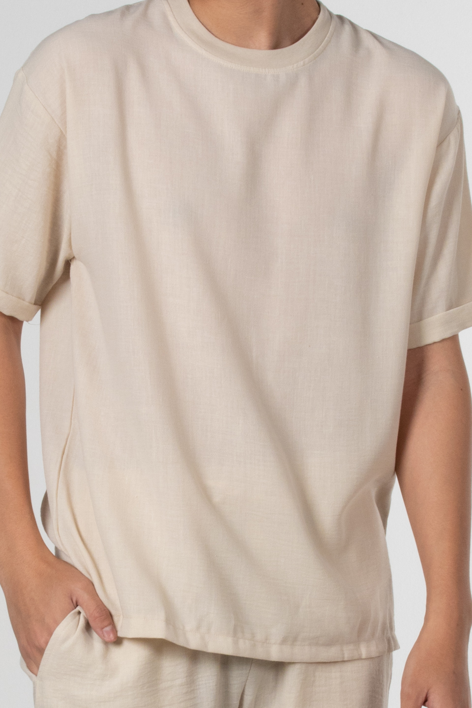 Yandan fermuarlı keten t-shirt-9043 Bej