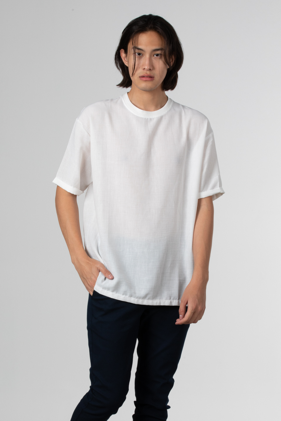 Yandan fermuarlı keten t-shirt-9043 Beyaz