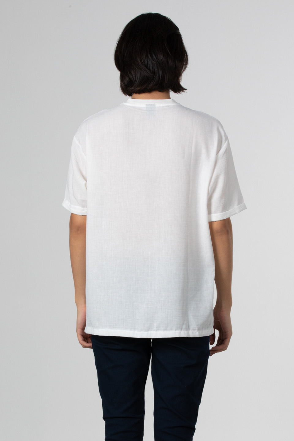 Yandan fermuarlı keten t-shirt-9043 Beyaz