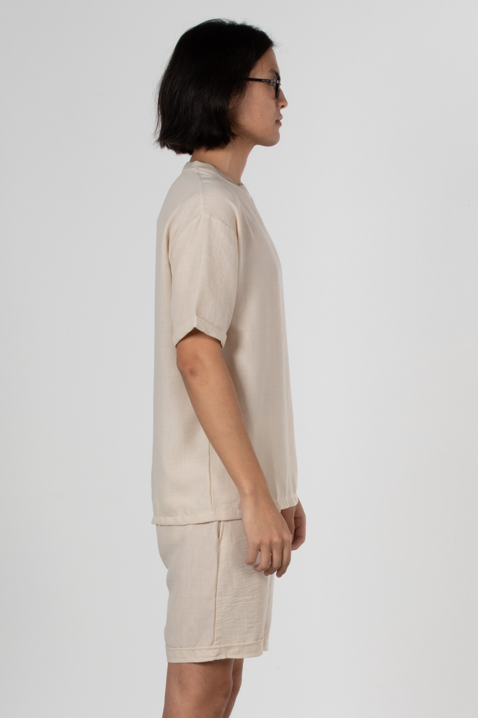 Yandan fermuarlı keten t-shirt-9043 Bej