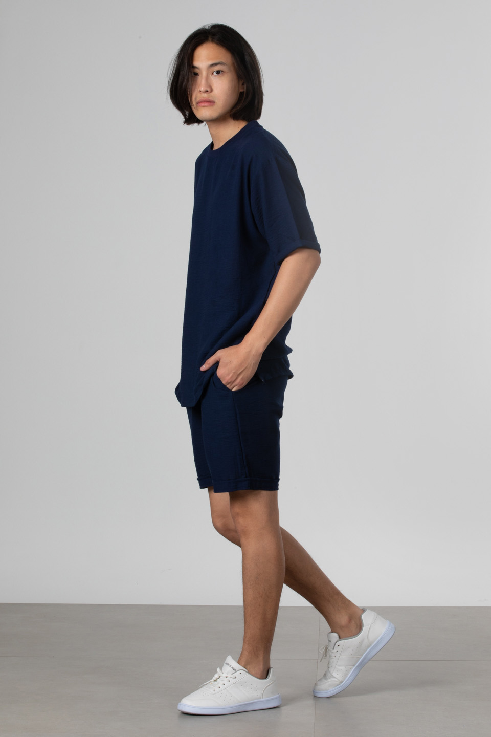 Yandan fermuarlı keten t-shirt-9043 Lacivert