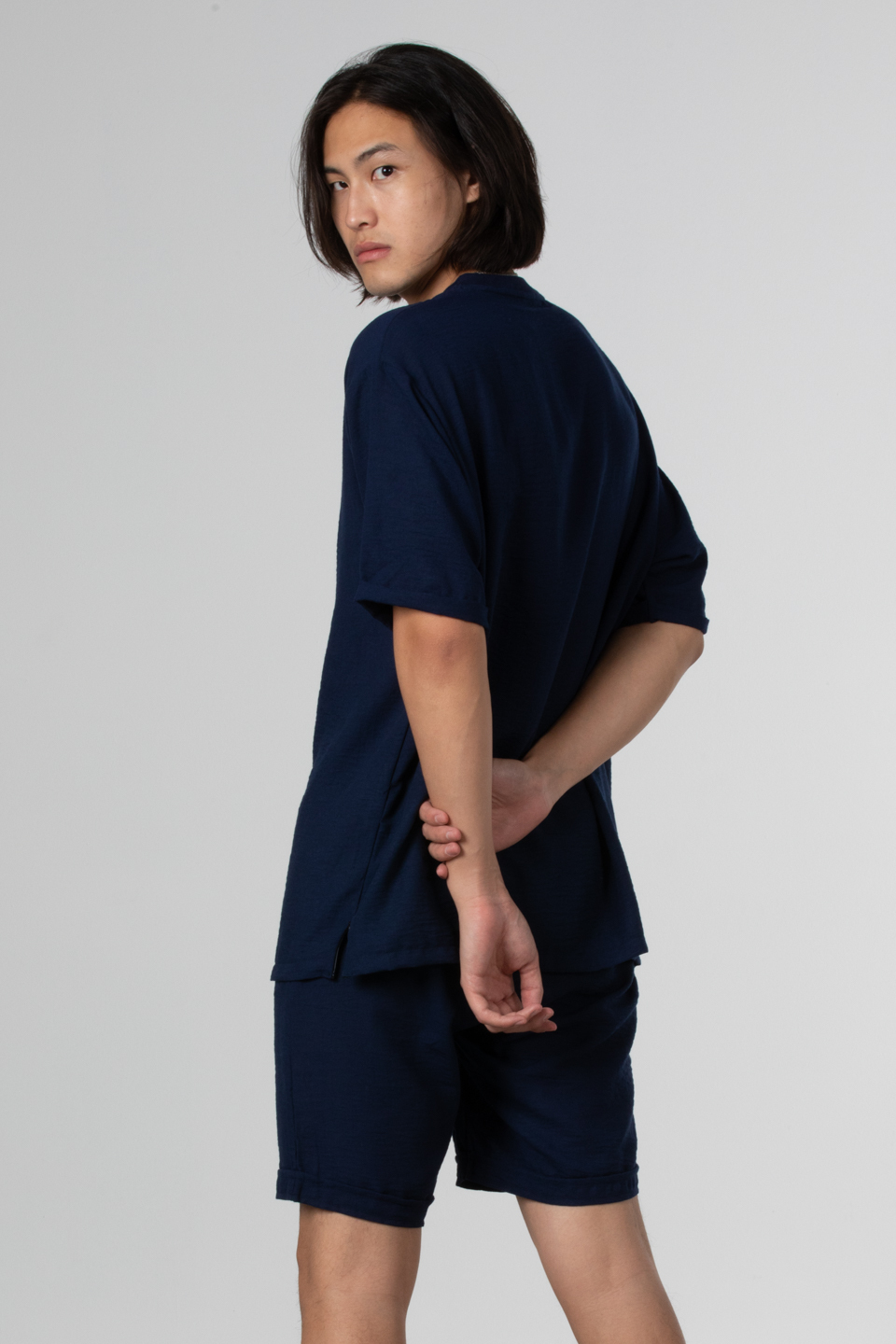 Yandan fermuarlı keten t-shirt-9043 Lacivert