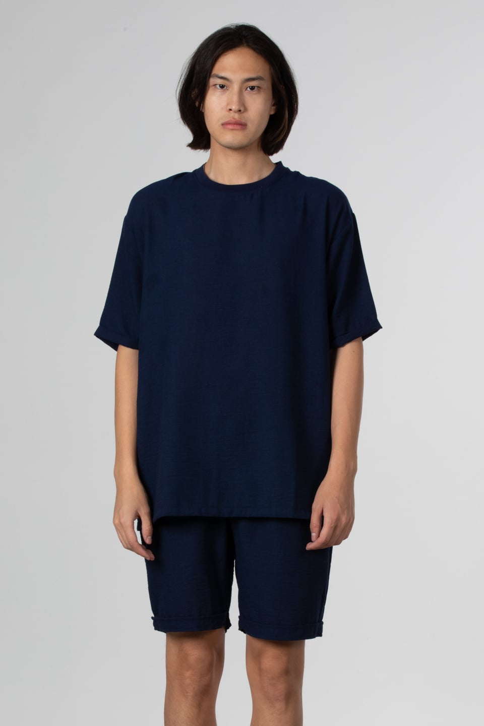 Yandan fermuarlı keten t-shirt-9043 Lacivert