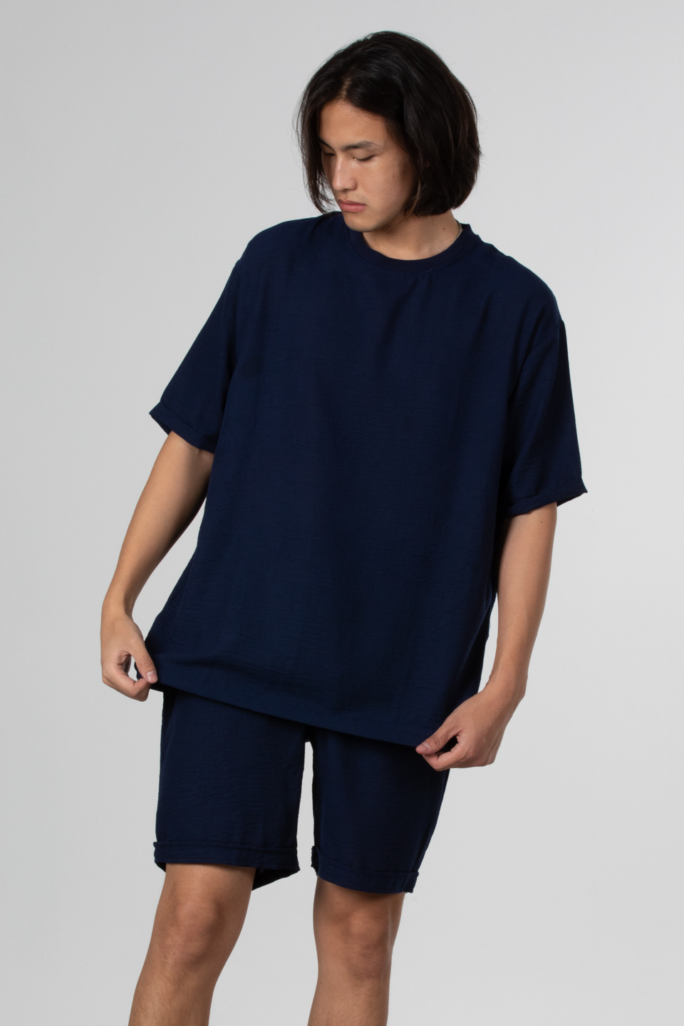 Yandan fermuarlı keten t-shirt-9043 Lacivert