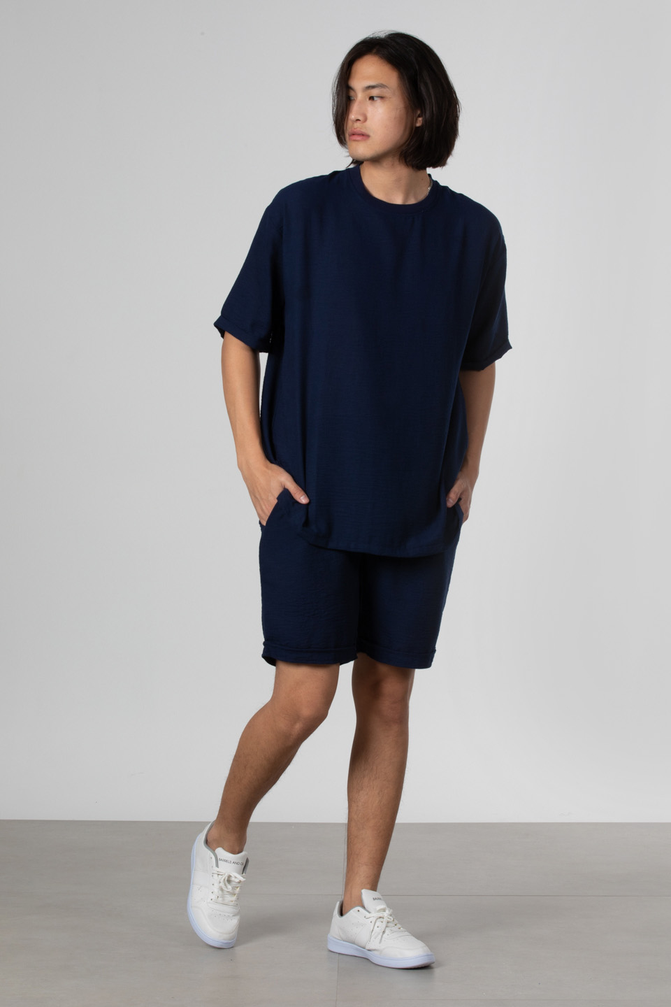 Yandan fermuarlı keten t-shirt-9043 Lacivert