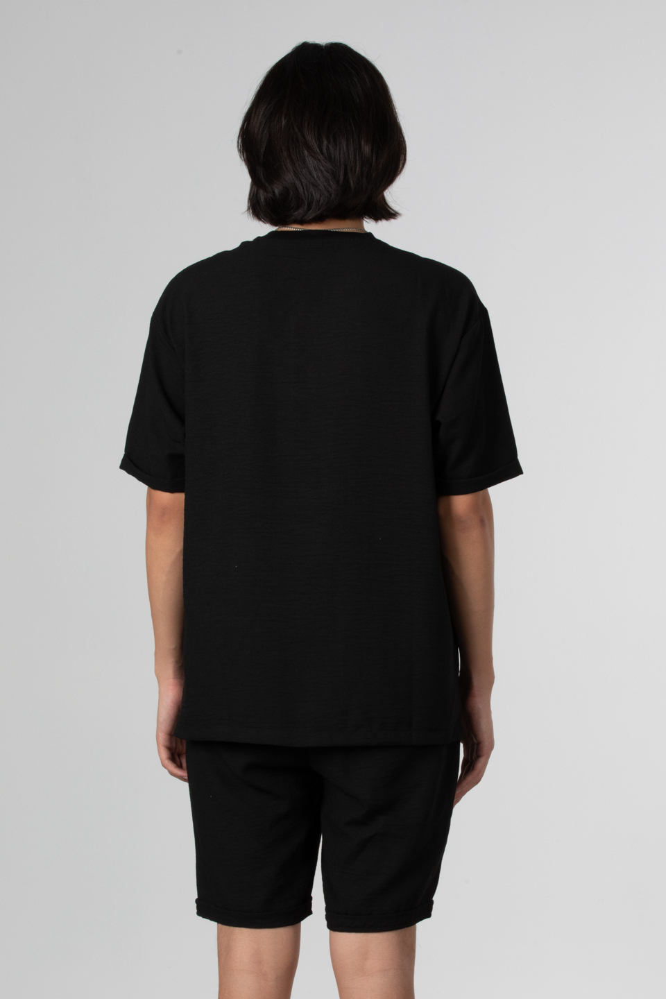 Yandan fermuarlı keten t-shirt-9043 Siyah